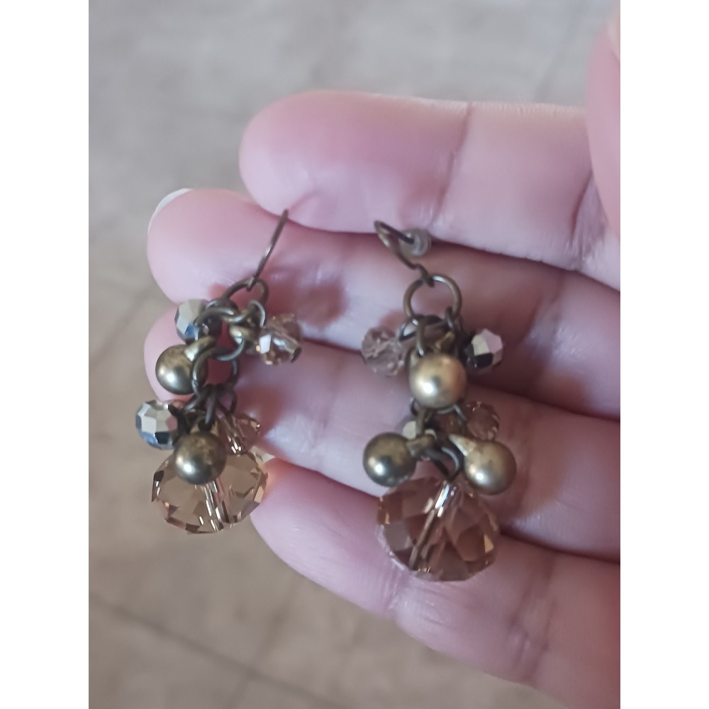 Boho Cluster Drop Earrings Set Faceted Glass Bead Antique Brass Tone Dangle - Picture 4 of 5